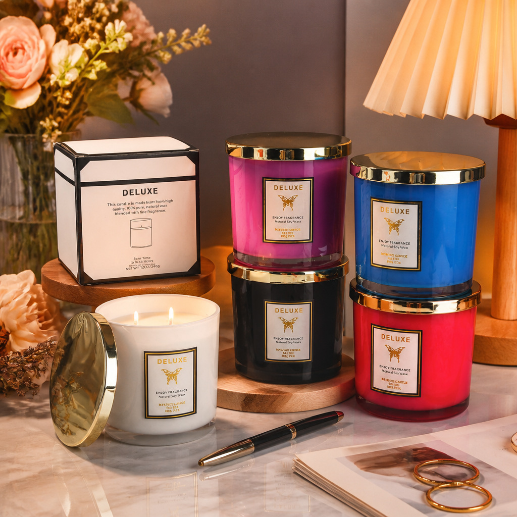 Soy Wax - 400gの金色の蓋が付いた、香りの良いキャンドル。家庭用、寝室用。持続性のある香りで、お部屋の装飾としても使える。大豆ワックスを使用した、クリエイティブなデザインのキャンドル。
